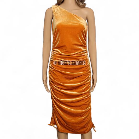 House of Harlow Velvet Dress Gold One Shoulder Ruched Party Night Out Size XS - Picture 3 of 11